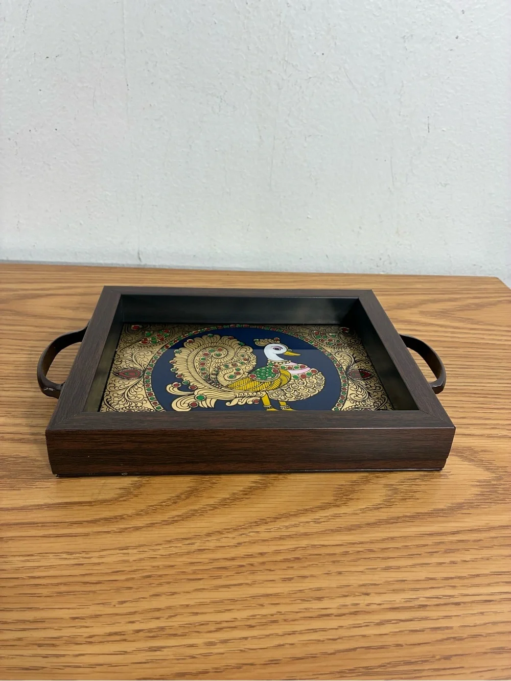 Tanjore mini tray gold foil framed peacock under acrylic